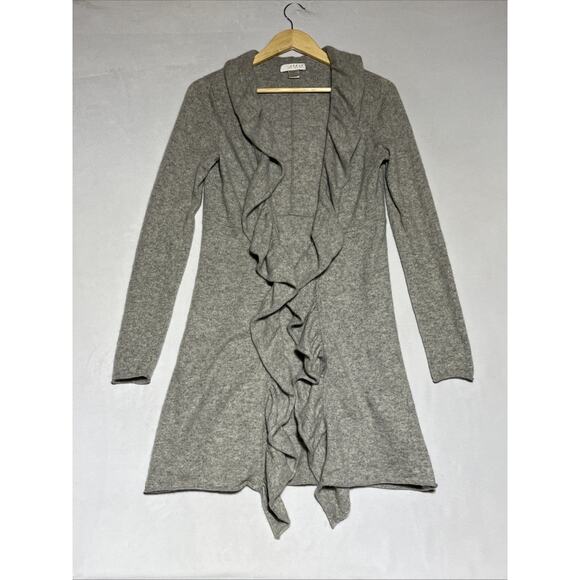 Kenar 100% Cashmere Sweater Womens Medium Long Gray Open Ruffle Trim Cardigan - Picture 1 of 14